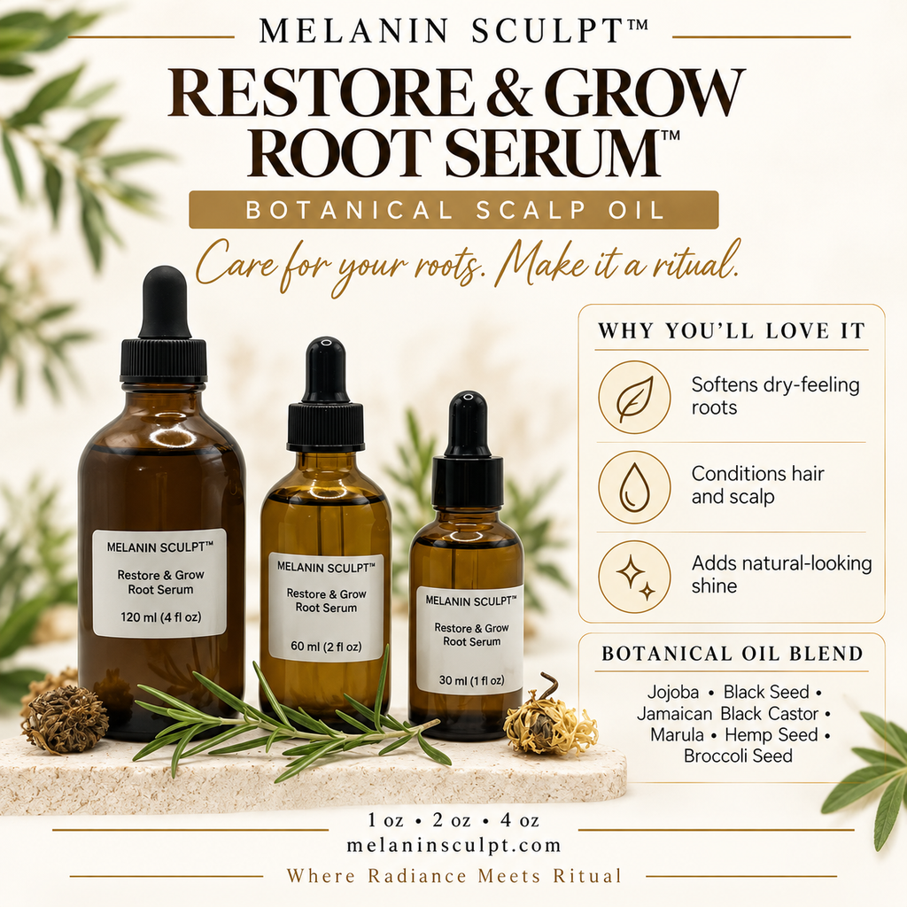 Restore & Grow Root Serum botanical scalp oil flyer with product benefits and oil blend
